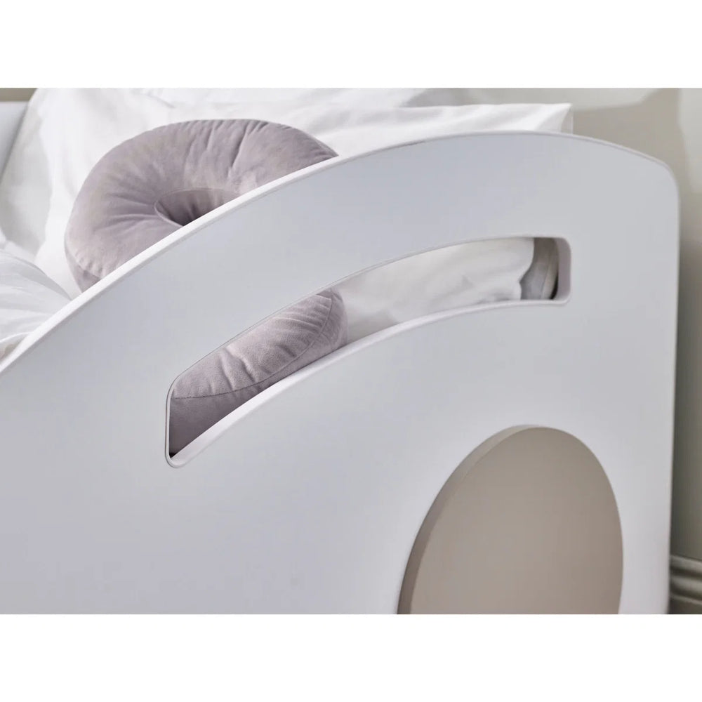 Julian Bowen Atlantis Toddler Car Bed – White & Taupe Kids Racing Bed Frame for 70 x 140cm Cot Bed Mattress