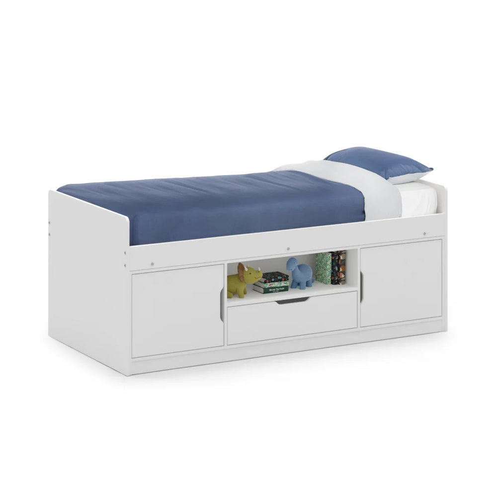 Julian Bowen Atom White Low Sleeper Kids Storage Bed with Cupboards, Drawer & Shelf – Space Saving Single Bed Frame