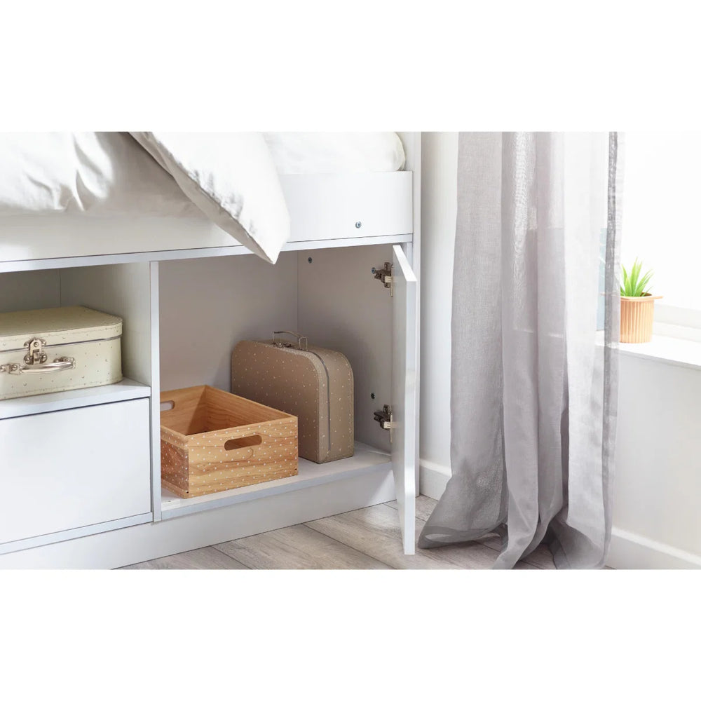 Julian Bowen Atom White Low Sleeper Kids Storage Bed with Cupboards, Drawer & Shelf – Space Saving Single Bed Frame