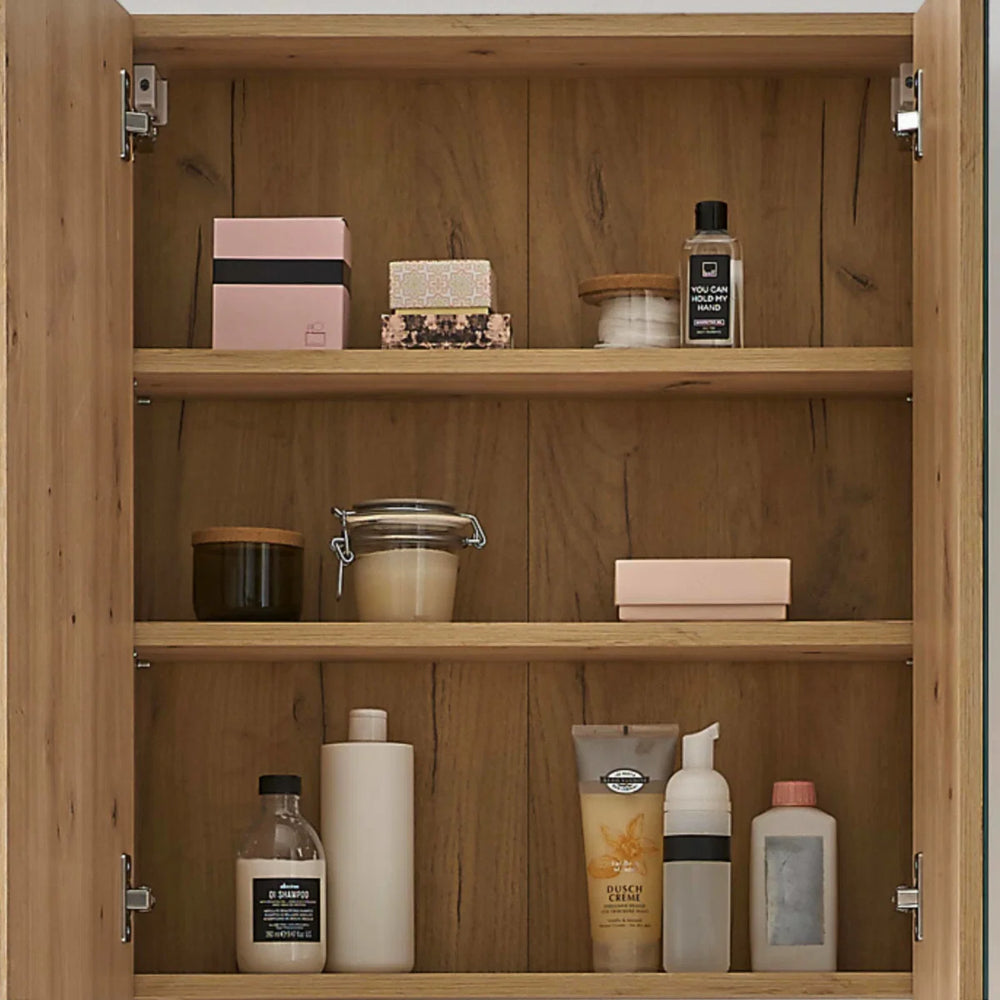 Julian Bowen Austin Mirrored Bathroom Wall Cabinet with Double Shelf Storage, Natural Wood Finish, 60 x 20 x 70cm