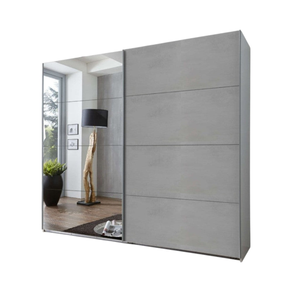 Alfor Mirrored Sliding Door Wardrobe 225 cm | Concrete Grey Finish, Modern Bedroom Storage - My Store