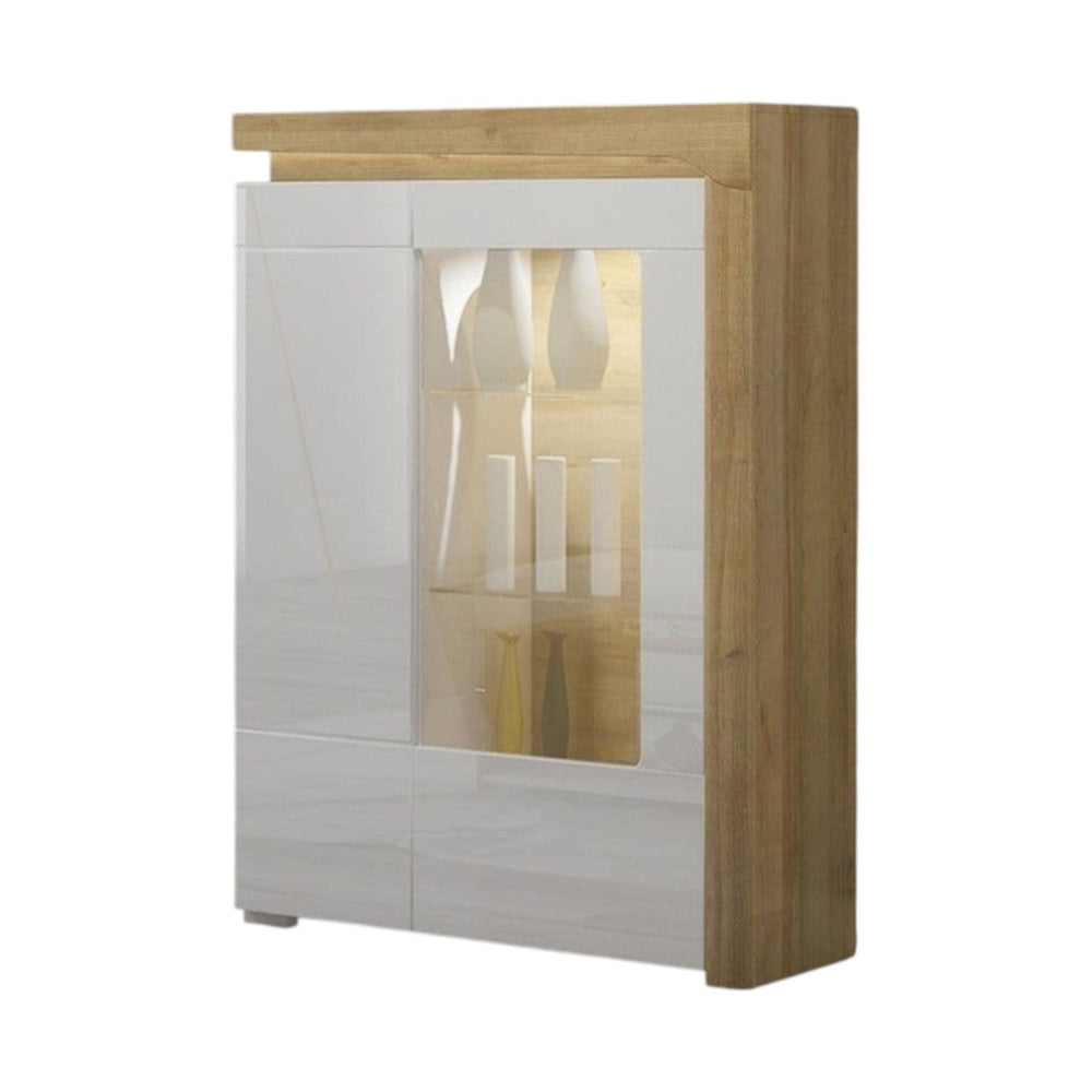Cadillac Oak & White Gloss Low Wide Display Cabinet with LED Lights – Glass Door, 2 Glass Shelves, Contemporary Living Room Furniture – 148.5cm H x 102cm W x 42.8cm D - My Store