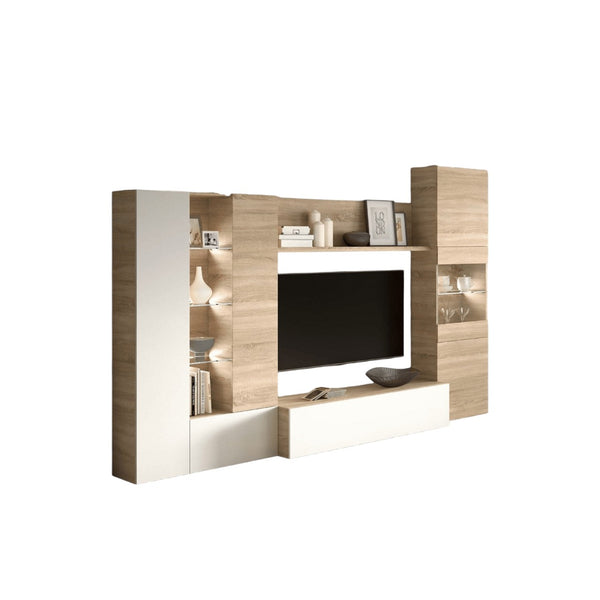 Amora White and Oak Wall Entertainment Unit with LED Lights – Modern Reversible TV Cabinet, W260cm x H185cm x D42cm, Contemporary Living Room Storage - My Store