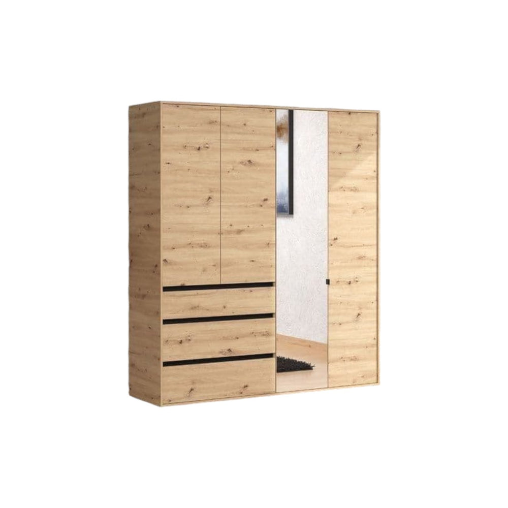 Kyoto Artisan Oak Effect 4 Door 3 Drawer Wardrobe with Mirrored Door – Spacious Bedroom Storage with Hanging Rail & Shelves, Oak Finish, H 210.5cm W 183cm D 55cm - My Store