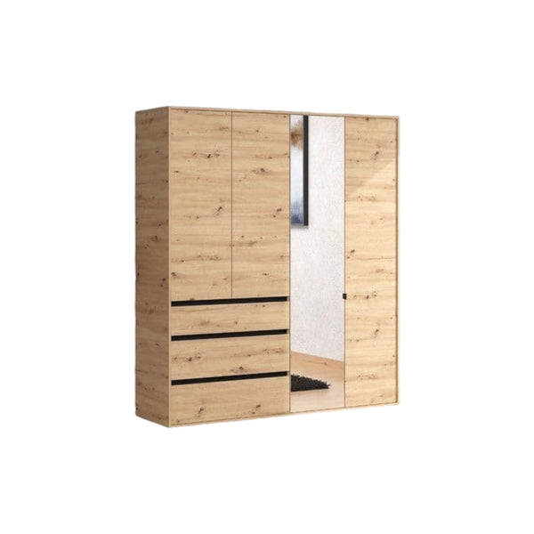 Kyoto Artisan Oak Effect 4 Door 3 Drawer Wardrobe with Mirrored Door – Spacious Bedroom Storage with Hanging Rail & Shelves, Oak Finish, H 210.5cm W 183cm D 55cm - My Store