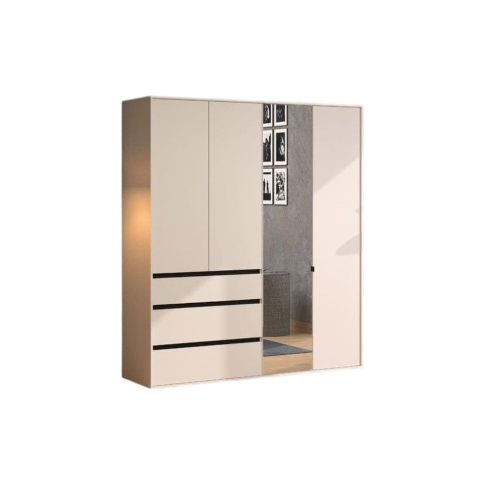 Kyoto Cashmere 4 Door 3 Drawer Mirrored Wardrobe with Shelves & Hanging Rail – Large Bedroom Storage Closet – 210.5 x 183 x 55 cm - My Store