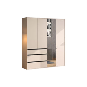 Kyoto Cashmere 4 Door 3 Drawer Mirrored Wardrobe with Shelves & Hanging Rail – Large Bedroom Storage Closet – 210.5 x 183 x 55 cm - My Store