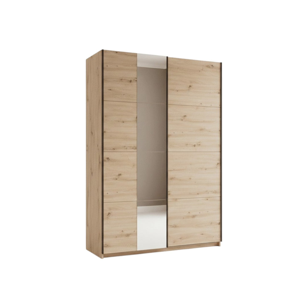 Noah Oak Effect Sliding Wardrobe with Mirror 145.5cm – Modern 2 Door Bedroom Storage Closet - My Store