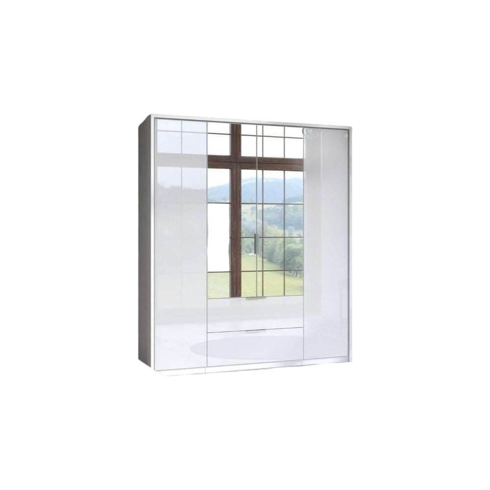 Rado 4 Door 2 Drawer White High Gloss Mirrored Wardrobe with Shelves & Hanging Rails – 164cm Wide Modern Bedroom Storage - My Store