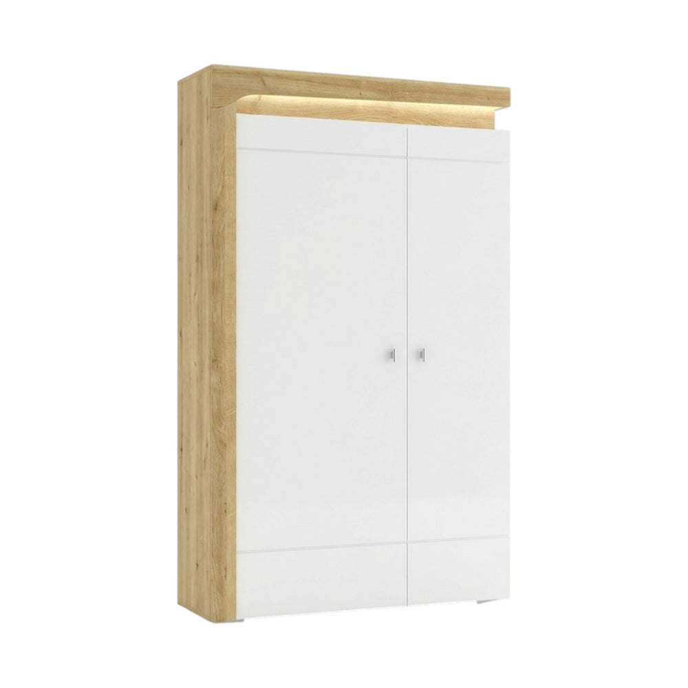Cadillac Oak Effect & White Gloss 2-Door Wardrobe with LED Lights – 2 Hanging Rails, 4 Shelves, Modern Bedroom Storage – H197cm x W102cm x D55.8cm - My Store