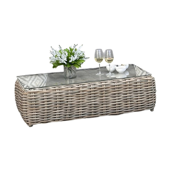 Amalfi Collection Outdoor Large Corner Set – Beige Fabric & Glass Table, Metal Frame, Weather-Resistant Synthetic Wicker - My Store