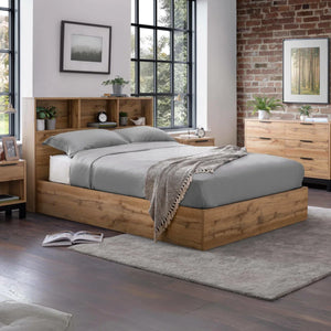 Bali Oak Ottoman Storage Bed Frame with Gas Lift Up System & Integrated Bookcase Headboard