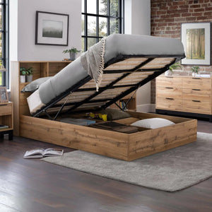 Bali Oak Ottoman Storage Bed Frame with Gas Lift Up System & Integrated Bookcase Headboard