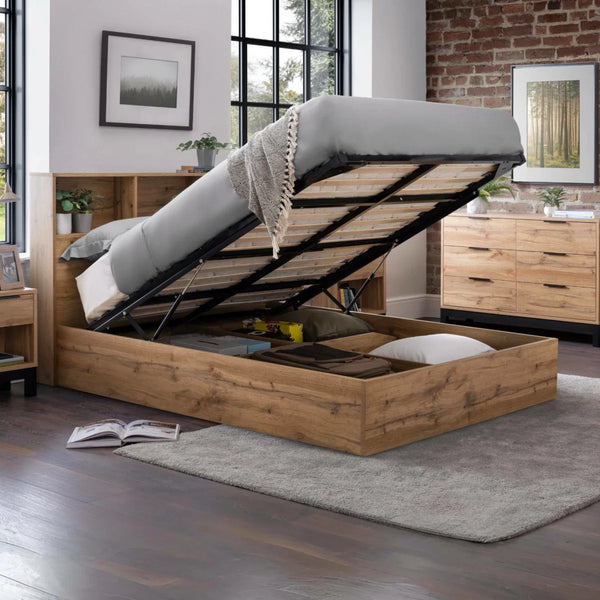 Bali Oak Ottoman Storage Bed Frame with Gas Lift Up System & Integrated Bookcase Headboard