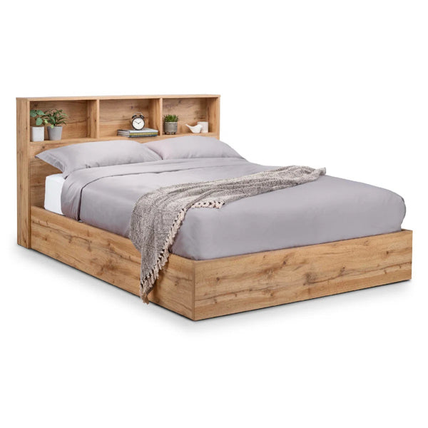 Bali Oak Ottoman Storage Bed Frame with Gas Lift Up System & Integrated Bookcase Headboard