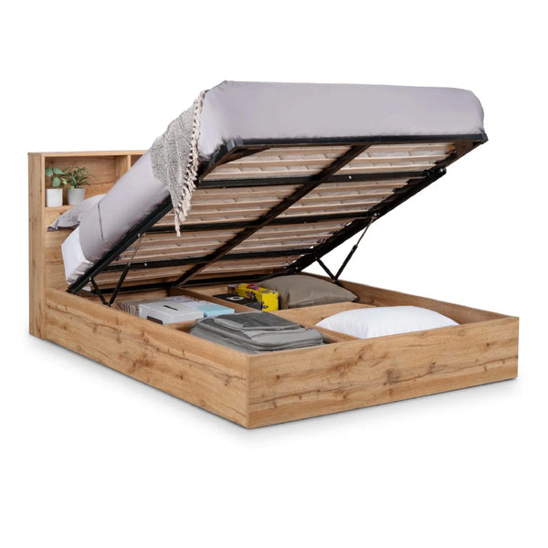 Bali Oak Ottoman Storage Bed Frame with Gas Lift Up System & Integrated Bookcase Headboard