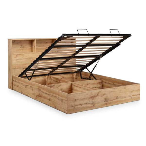 Bali Oak Ottoman Storage Bed Frame with Gas Lift Up System & Integrated Bookcase Headboard
