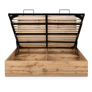 Bali Oak Ottoman Storage Bed Frame with Gas Lift Up System & Integrated Bookcase Headboard