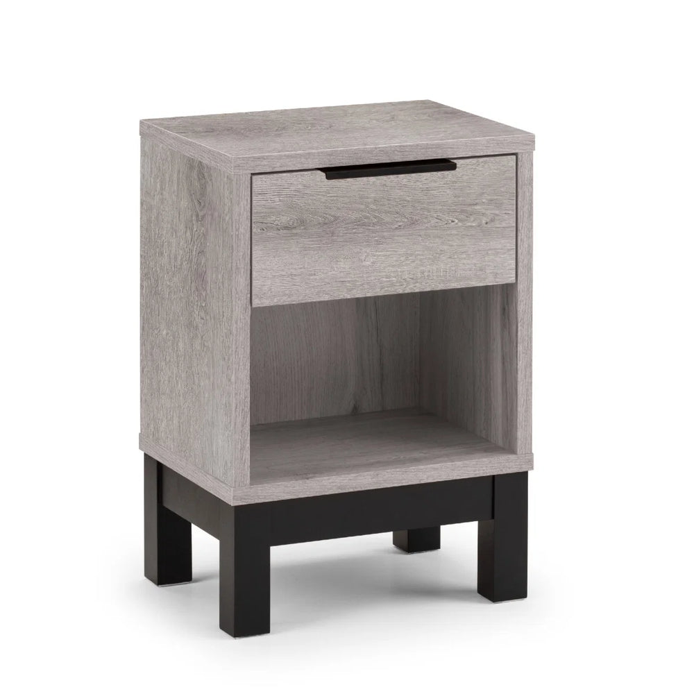 Julian Bowen Bali 1 Drawer Bedside Table – Grey Oak Effect Nightstand with Drawer & Open Shelf, Black Metal Legs, Industrial Bedroom Side Table