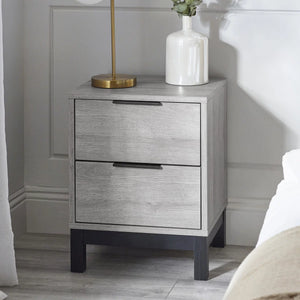Julian Bowen Bali 2 Drawer Bedside Table – Grey Oak Finish with Black Handles & Legs | Industrial Bedroom Nightstand