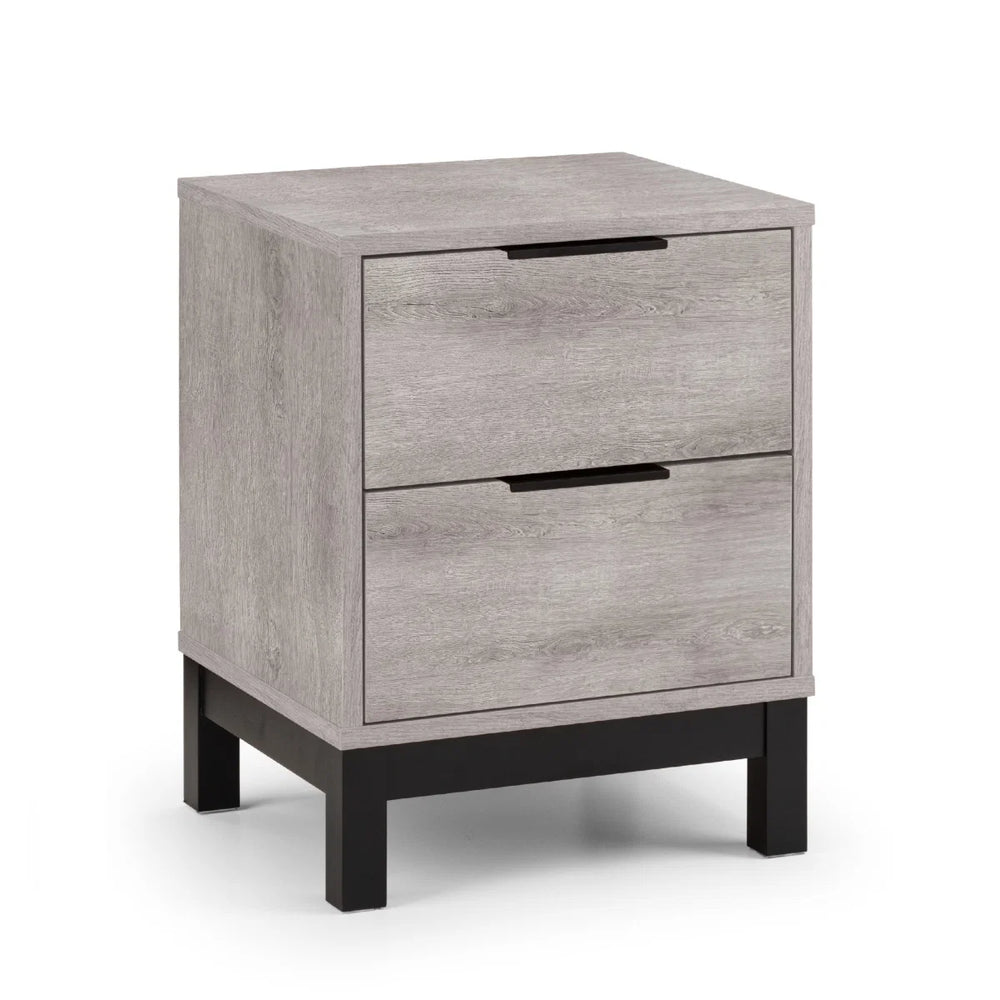Julian Bowen Bali 2 Drawer Bedside Table – Grey Oak Finish with Black Handles & Legs | Industrial Bedroom Nightstand