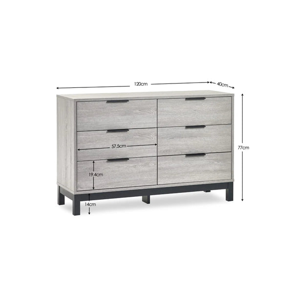 Julian Bowen Bali 6 Drawer Wide Chest – Grey Oak Industrial Chest of Drawers with Black Handles & Legs