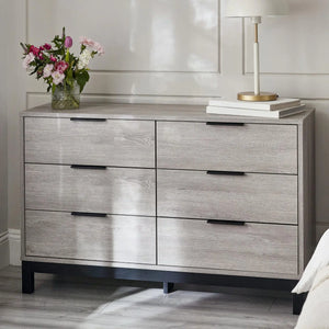 Julian Bowen Bali 6 Drawer Wide Chest – Grey Oak Industrial Chest of Drawers with Black Handles & Legs