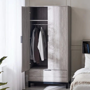 Bali 2 Door Wardrobe with 1 Drawer and Shelf – Grey Oak Finish Bedroom Storage Unit with Industrial Style