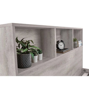 Julian Bowen Bali Grey Oak Bookcase Headboard Bed Frame 135cm Double with Storage Shelves & Black Metal Legs