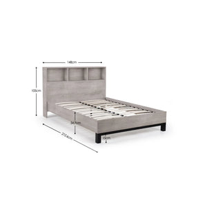 Julian Bowen Bali Grey Oak Bookcase Headboard Bed Frame 135cm Double with Storage Shelves & Black Metal Legs