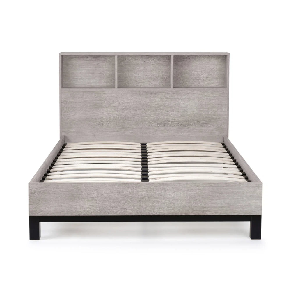 Julian Bowen Bali Grey Oak Bookcase Headboard Bed Frame with Storage Shelves & Industrial Design