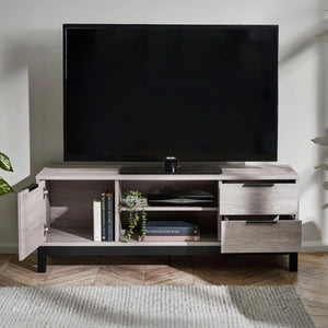 Julian Bowen Bali Grey Oak TV Unit with Cupboard, 2 Drawers & Open Shelving | Industrial Entertainment Stand