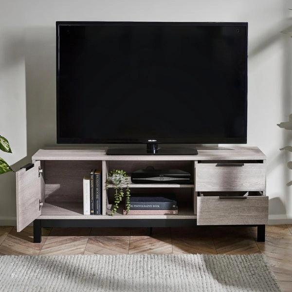 Julian Bowen Bali Grey Oak TV Unit with Cupboard, 2 Drawers & Open Shelving | Industrial Entertainment Stand