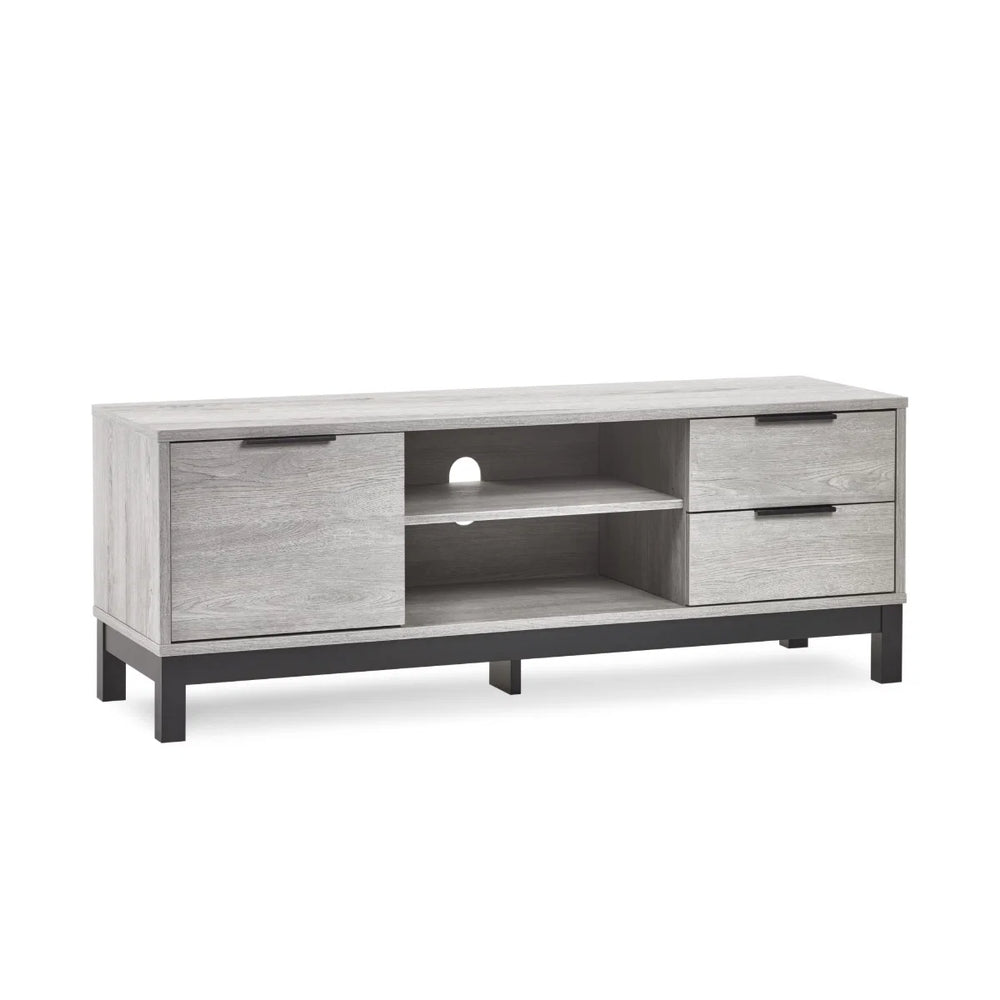 Julian Bowen Bali Grey Oak TV Unit with Cupboard, 2 Drawers & Open Shelving | Industrial Entertainment Stand