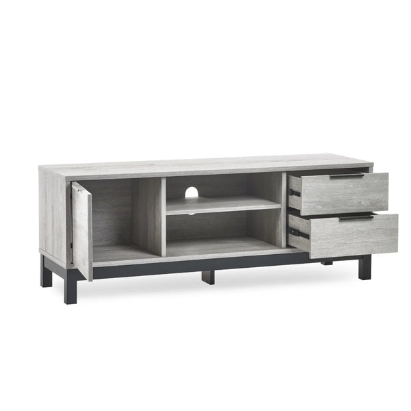 Julian Bowen Bali Grey Oak TV Unit with Cupboard, 2 Drawers & Open Shelving | Industrial Entertainment Stand