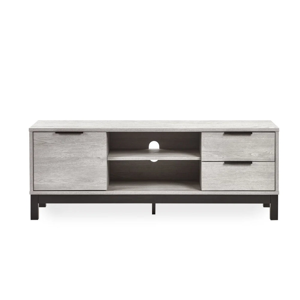 Julian Bowen Bali Grey Oak TV Unit with Cupboard, 2 Drawers & Open Shelving | Industrial Entertainment Stand