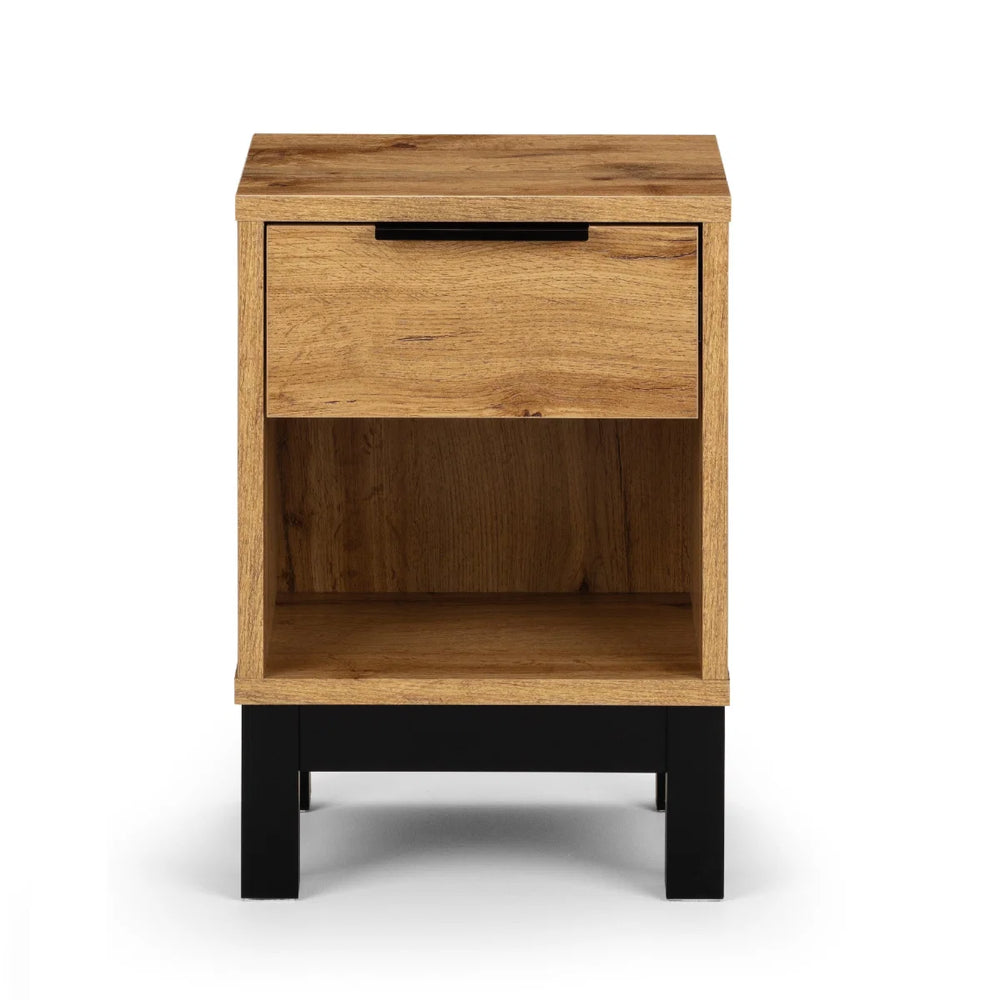 Julian Bowen Bali 1 Drawer Bedside Table – Oak Effect Nightstand with Drawer & Open Shelf, Black Metal Legs, Industrial Bedroom Side Table