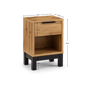 Julian Bowen Bali 1 Drawer Bedside Table – Oak Effect Nightstand with Drawer & Open Shelf, Black Metal Legs, Industrial Bedroom Side Table