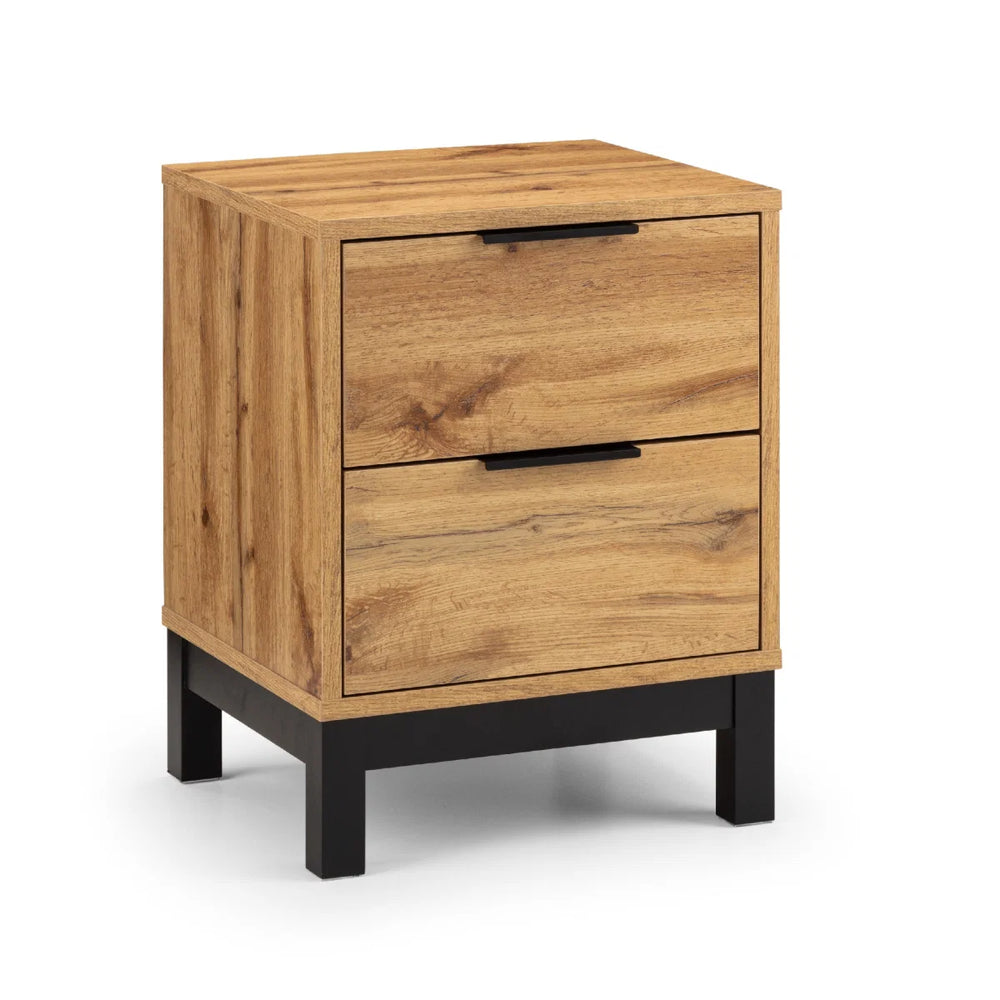 Julian Bowen Bali 2 Drawer Bedside Table – Oak Effect Nightstand with 2 Storage Drawers, Black Metal Legs & Handles, Modern Industrial Bedroom Furniture
