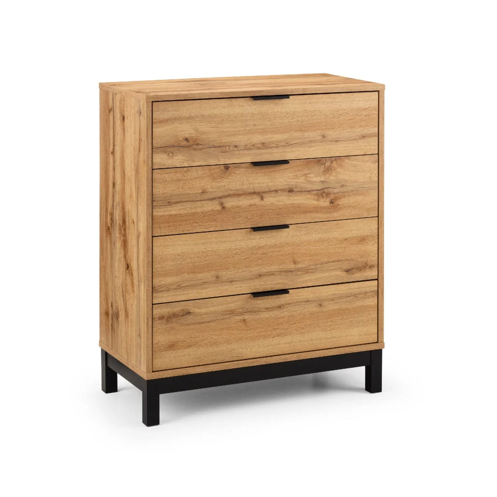 Julian Bowen Bali 4 Drawer Chest of Drawers – Modern Oak Finish Storage Dresser with Black Handles & Industrial Style