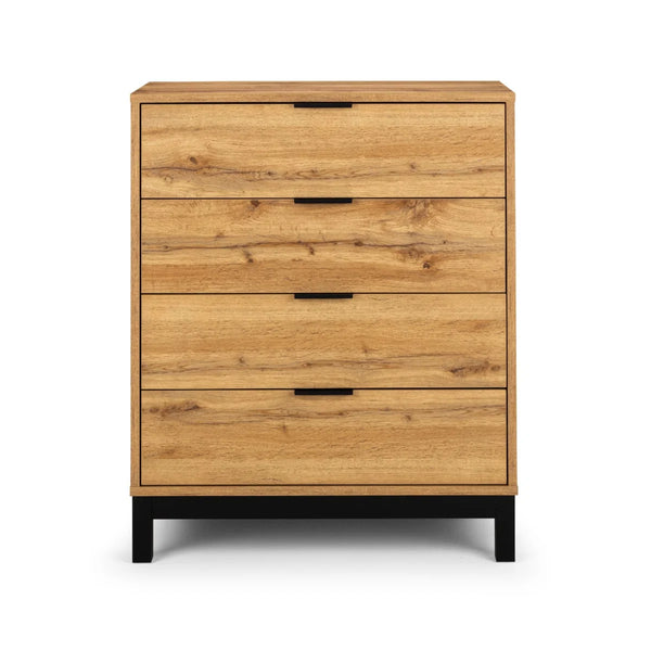 Julian Bowen Bali 4 Drawer Chest of Drawers – Modern Oak Finish Storage Dresser with Black Handles & Industrial Style