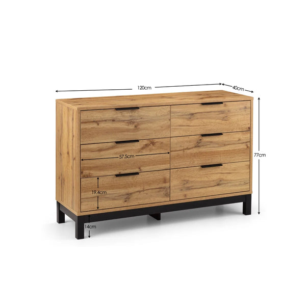 Julian Bowen Bali 6 Drawer Wide Chest of Drawers in Oak Effect with Black Legs & Rattan Drawer Fronts | Industrial Bedroom Storage Cabinet