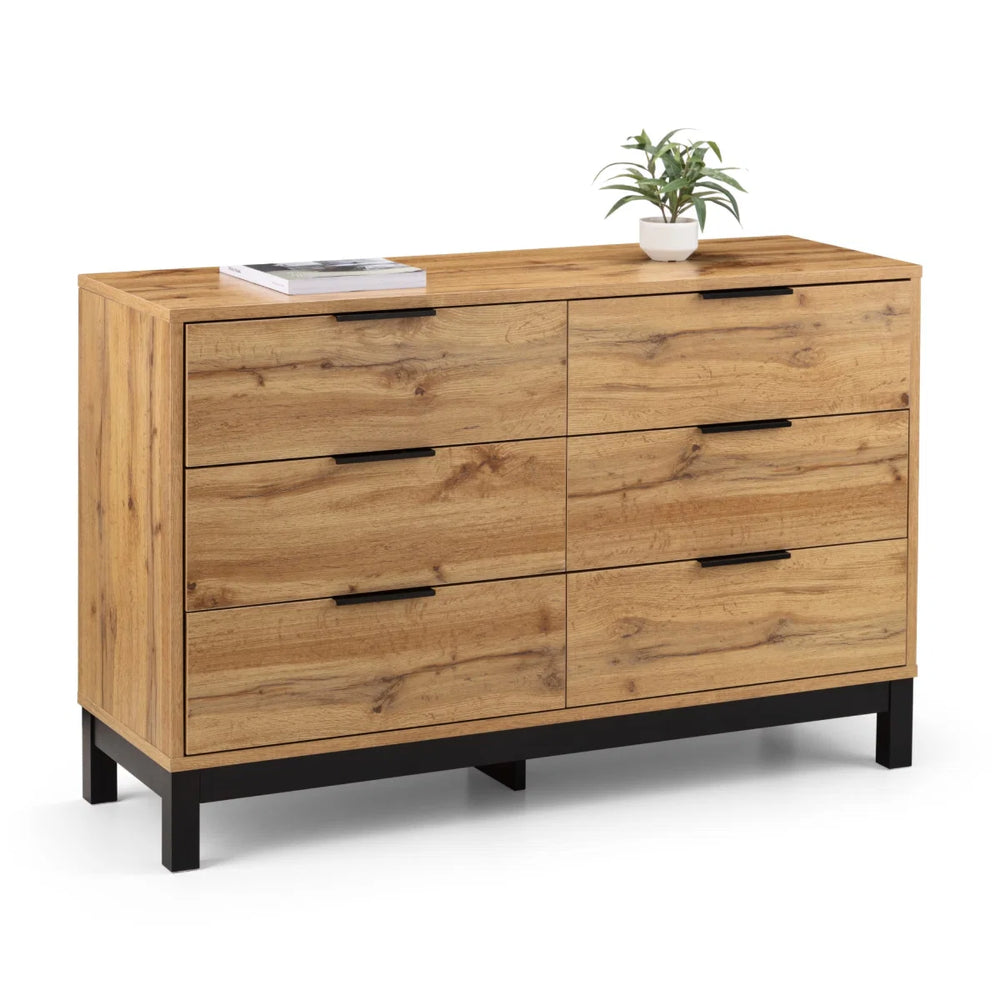 Julian Bowen Bali 6 Drawer Wide Chest of Drawers in Oak Effect with Black Legs & Rattan Drawer Fronts | Industrial Bedroom Storage Cabinet