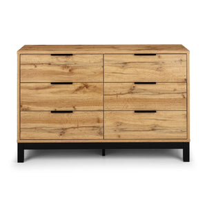 Julian Bowen Bali 6 Drawer Wide Chest of Drawers in Oak Effect with Black Legs & Rattan Drawer Fronts | Industrial Bedroom Storage Cabinet