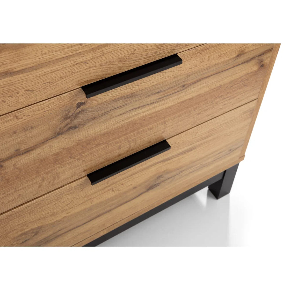 Julian Bowen Bali 6 Drawer Wide Chest of Drawers in Oak Effect with Black Legs & Rattan Drawer Fronts | Industrial Bedroom Storage Cabinet