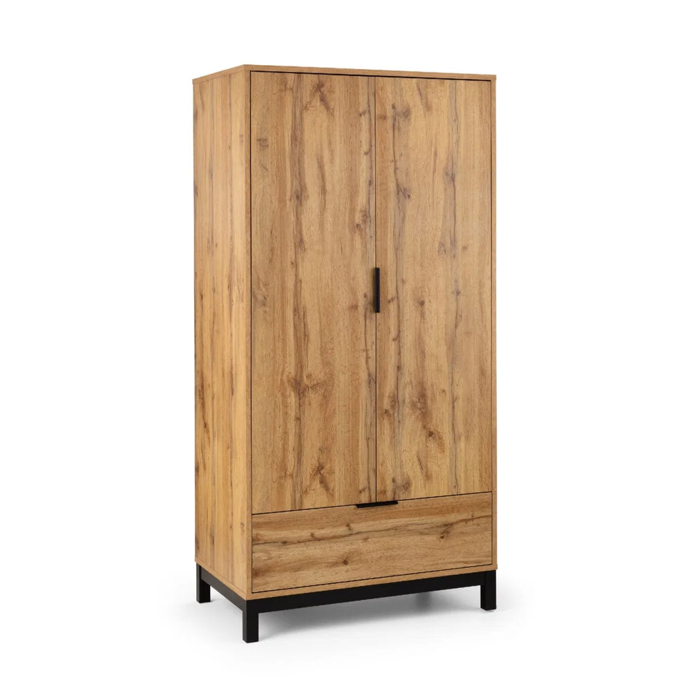 Julian Bowen Bali 2 Door 1 Drawer Wardrobe with Shelf – Oak Effect Industrial Bedroom Storage Cabinet