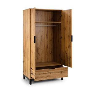 Julian Bowen Bali 2 Door 1 Drawer Wardrobe with Shelf – Oak Effect Industrial Bedroom Storage Cabinet