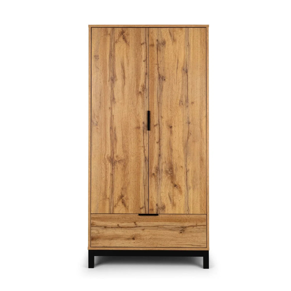 Julian Bowen Bali 2 Door 1 Drawer Wardrobe with Shelf – Oak Effect Industrial Bedroom Storage Cabinet