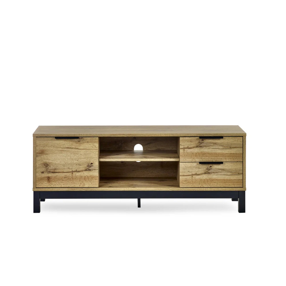 Julian Bowen Bali Oak TV Unit with Cupboard, 2 Drawers & Black Metal Legs