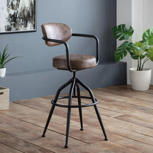 Julian Bowen Barbican Industrial Adjustable Faux Leather Barstool – Brown & Black Metal Swivel Kitchen Counter Stool